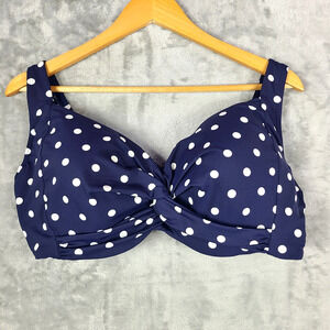 Lands End Twist Front Underwire Navy Blue Polka Dot Bikini Top Size 14 DDD